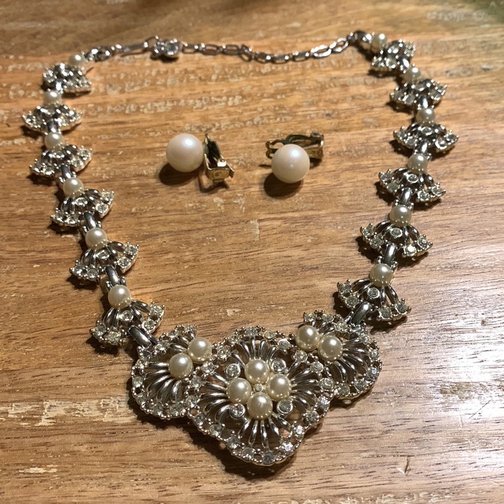 Clip on Pearl clip on‎ earrings and rhinestone choker necklace.